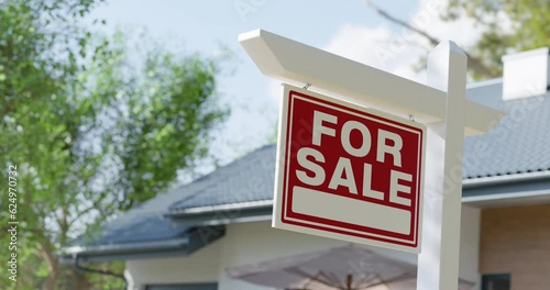 Pan and Zoom of For Sale Real Estate Sign in Front of New House. 3D Rendering - No Property Release Needed.
