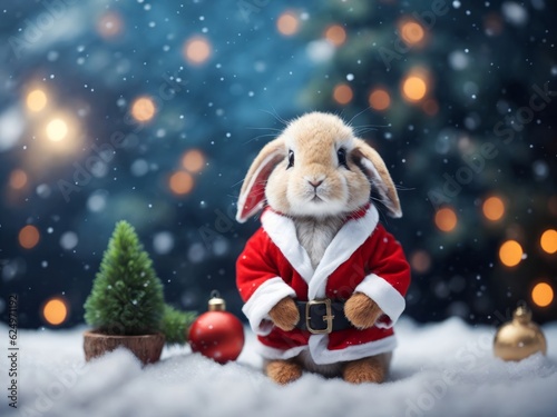 Little tiny bunny dressed up as Santa claus on snowing and christmas tree background. Generative AI 