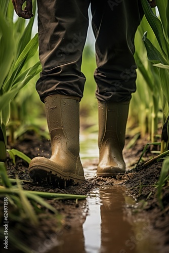 close-up of a farmer's feet in rubber boots in field plants | Generative AI