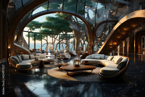 Modern and stylish interior design of a lavish hotel lobby with a touch of luxury and prestige. Created with generative AI technology. © HEMINXYLAN