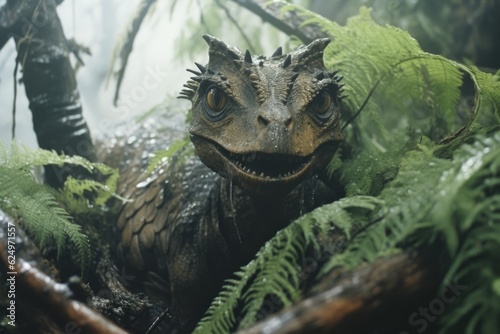 Creepy Dinosaur in Rainy Jungle generative AI © Ecleposs