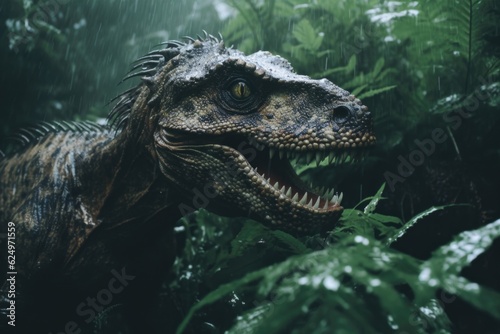 Creepy Dinosaur in Rainy Jungle generative AI