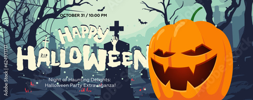 Happy Halloween All Saints Eve banner with spooky face pumpkin in graveyard. Horizontal art poster scary Jack-o-lantern in cemetery. Holiday promo invitation card. Typography artwork cover template