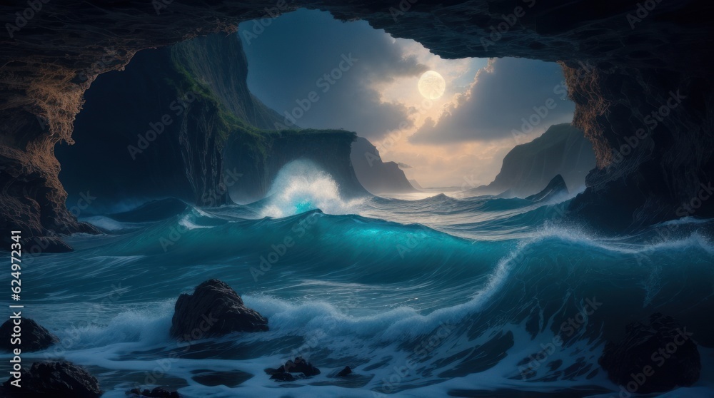 Naklejka premium Fantasy sea landscape with stormy waves in a cave made with Generative AI