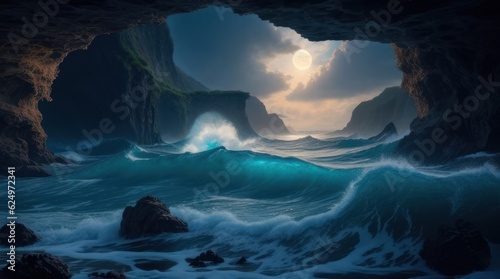 Fantasy sea landscape with stormy waves in a cave made with Generative AI © Shamim Akhtar