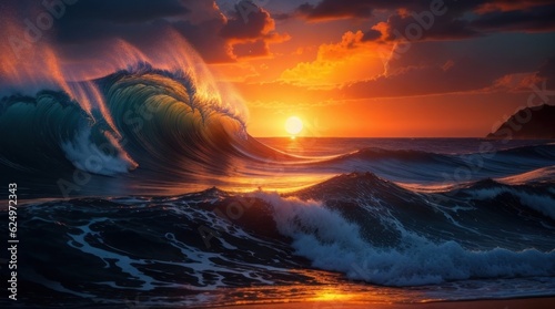 Ocean wave at sunset. Beautiful natural background made with Generative AI