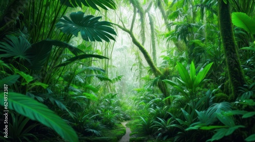 Tropical rainforest with green trees and plants. Nature background made with Generative AI