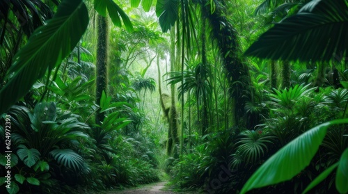 Tropical forest with a path in the middle of the jungle made with Generative AI