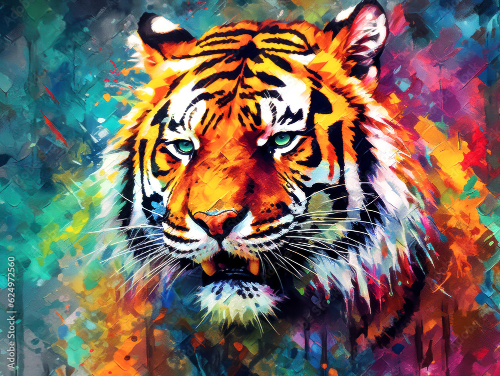 Colorful and Thrilling A Bold and Dramatic Painting of a Tiger in Abstract Style AI Generative