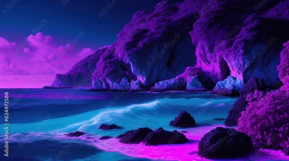 Beautiful seascape with a cave in the sea at night made with Generative AI