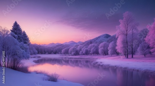 Beautiful winter landscape with snow covered trees and a lake at sunset made with Generative AI