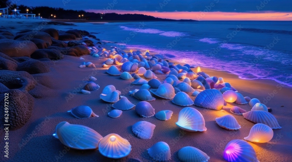 Fototapeta premium Seashells on the beach at sunset made with Generative AI