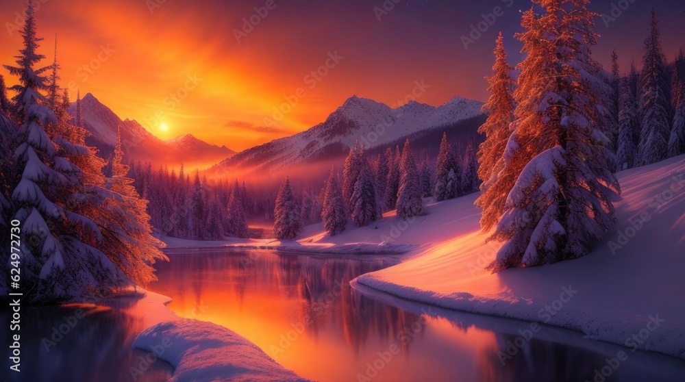 Beautiful winter landscape with snow covered trees and a lake at sunset made with Generative AI
