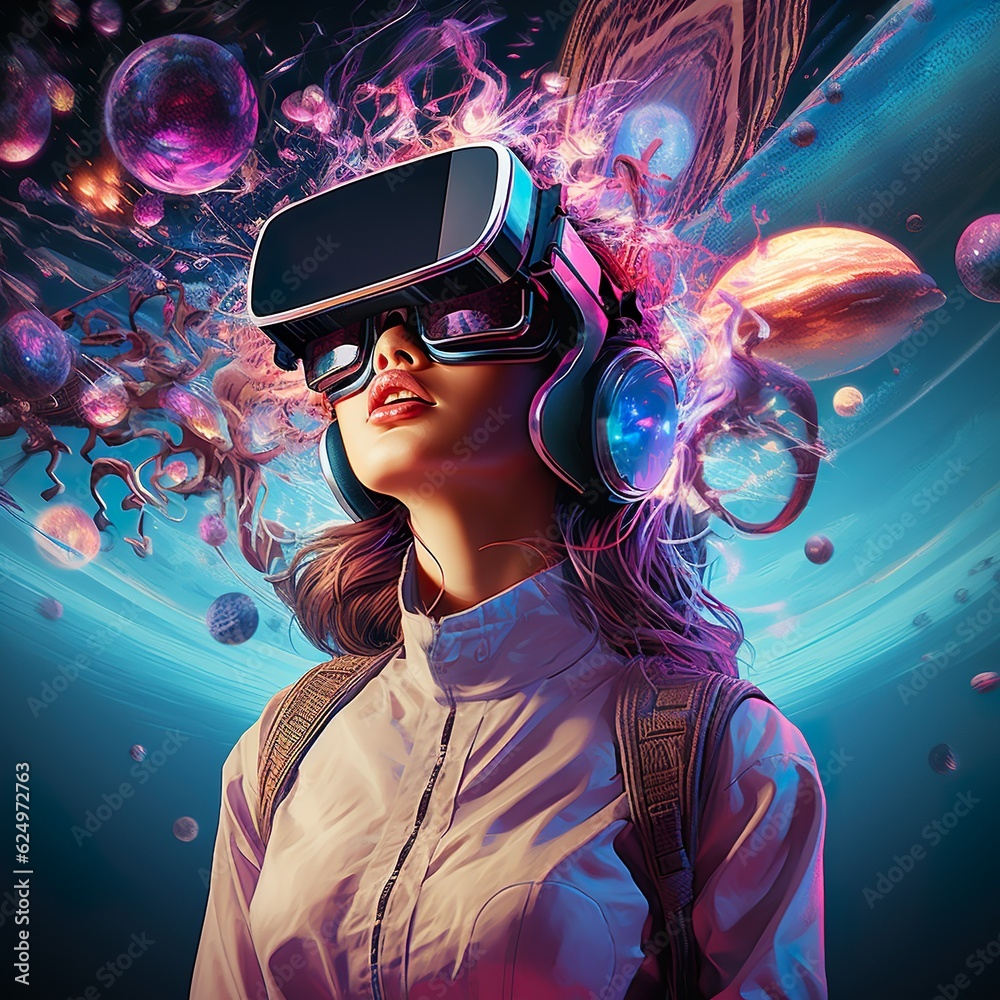 technology metaverse of the future, a young creative woman wearing a virtual reality headset | Generative AI