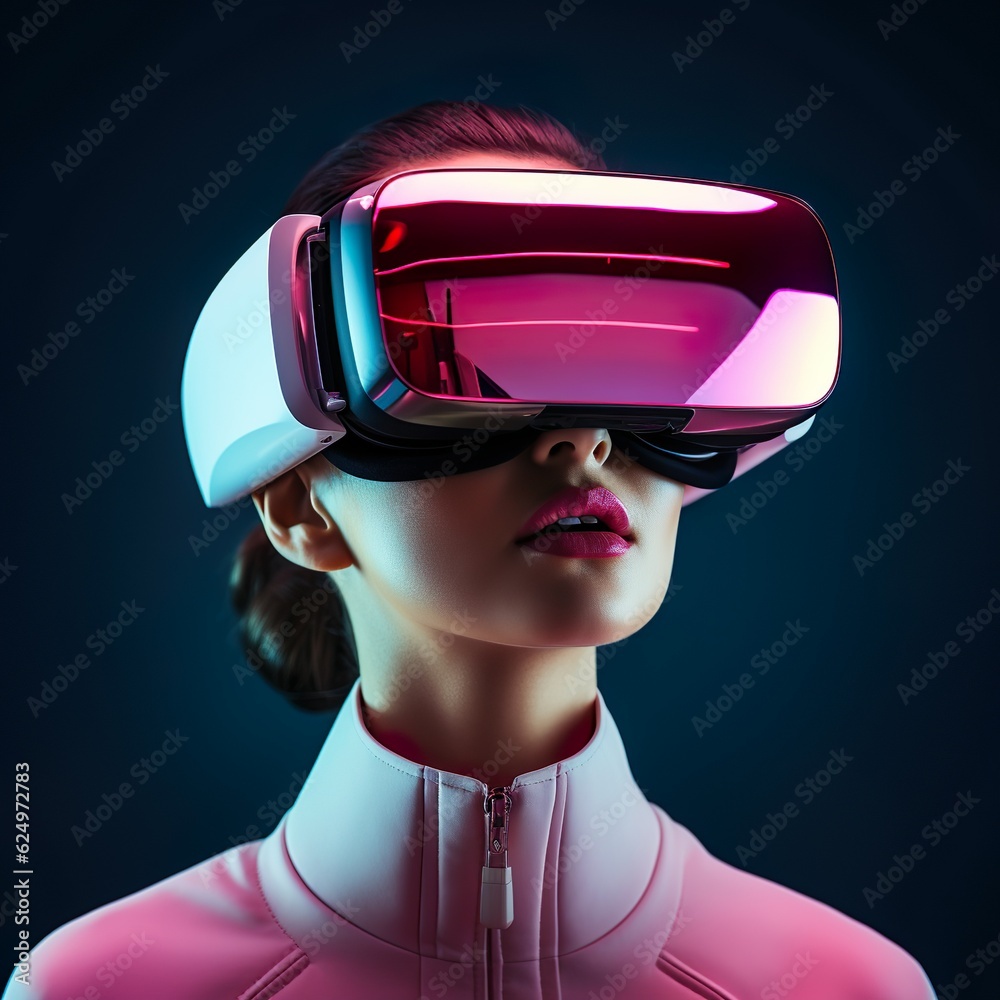 technology metaverse of the future, a young creative woman wearing a virtual reality headset | Generative AI technology metaverse of the future, a young creative woman wearing a virtual reality headset | Generative AI