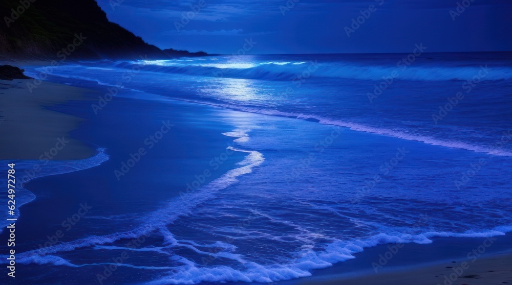 Fototapeta premium Twilight Colorful waves on the beach at night made with Generative AI