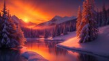 Beautiful winter landscape with snow covered trees and a lake at sunset made with Generative AI