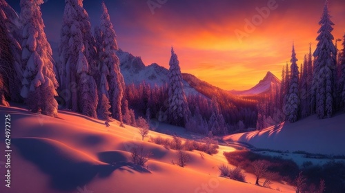 Fantastic winter landscape. Colorful sunset in the mountains made with Generative AI © Shamim Akhtar