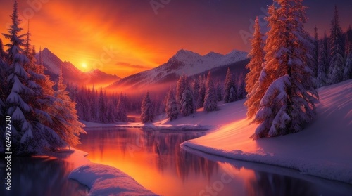 Beautiful winter landscape with snow covered trees and a lake at sunset made with Generative AI © Shamim Akhtar
