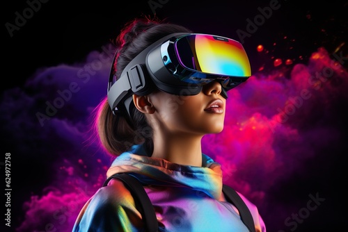technology metaverse of the future, a young creative woman wearing a virtual reality headset   Generative AI © Kay