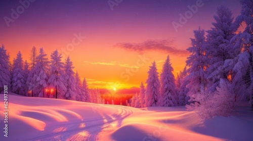 Fantastic winter landscape. Colorful sunset in the mountains made with Generative AI © Shamim Akhtar