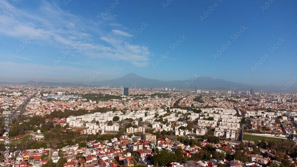 Puebla, Mexico, with a view of the Popocatépetl and Iztaccíhuatl volcanoes