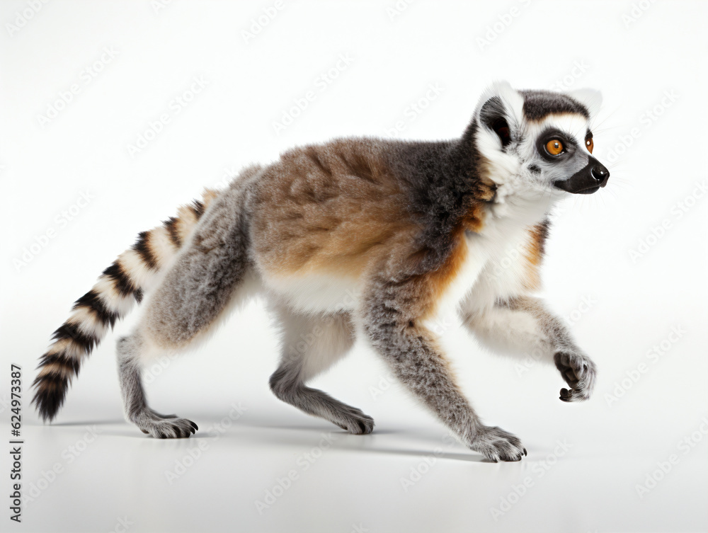 Fototapeta premium Lemur waling on a white background