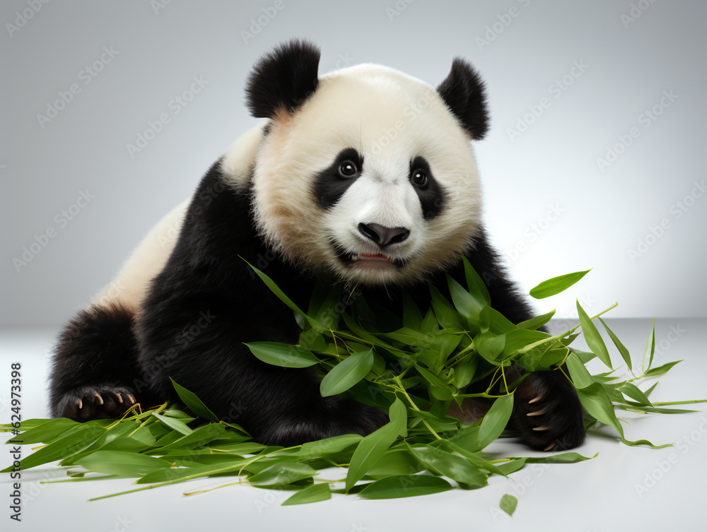 Fototapeta premium Giant panda eating bamboo on a white background