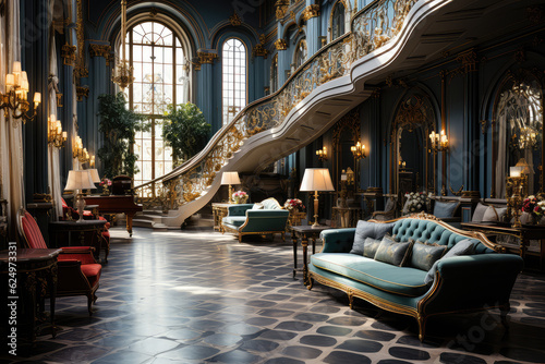 Modern and stylish interior design of a lavish hotel lobby with a touch of luxury and prestige. Created with generative AI technology.