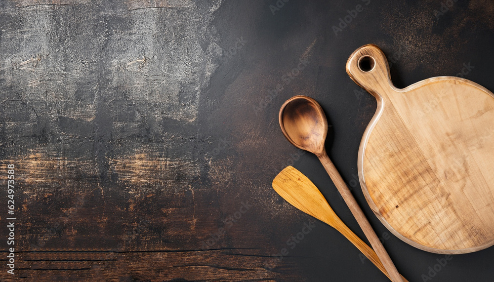 Abstract food background. Top view of dark rustic kitchen table with ...