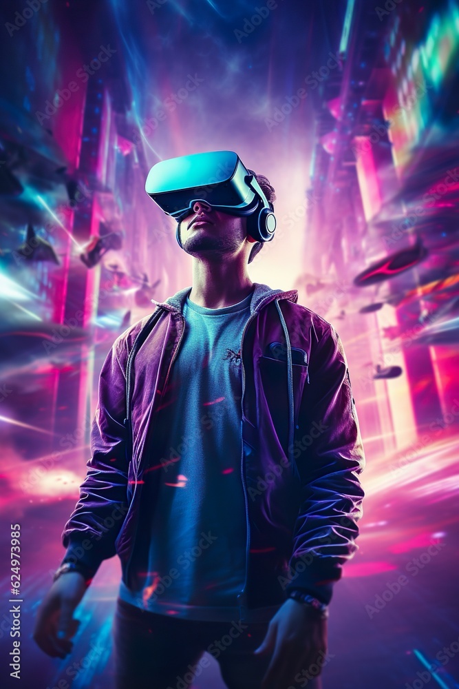 technology metaverse of the future, man wearing a virtual reality headset | Generative AI technology metaverse of the future, man wearing a virtual reality headset | Generative AI