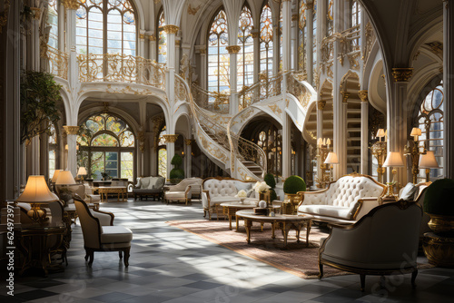 Modern and stylish interior design of a lavish hotel lobby with a touch of luxury and prestige. Created with generative AI technology.