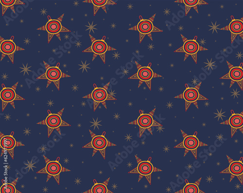 Vector. Fondo azul con patrón de piñatas de posadas navideñas con estrellas doradas. Tradición cultural y religiosa en México
