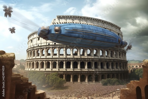 Roman coliseum in a futuristic environment, illustration, generative ai photo