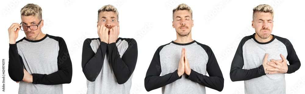 Set collage of Caucasian man with suspicious face, horror face, peaceful state of mind and heart attack. Portraits on transparent isolated background Set collage of Caucasian man with suspicious face, horror face, peaceful state of mind and heart attack. Portraits on transparent isolated background