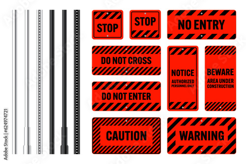 Warning, danger signs, attention banners with metal poles. Red caution sign, construction site signage. Notice signboard, warning banner, road shield. Vector illustration
