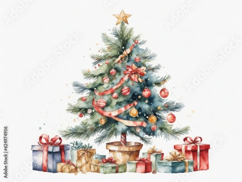 Watercolor Christmas tree with gifts and toys on white background. Generative AI

