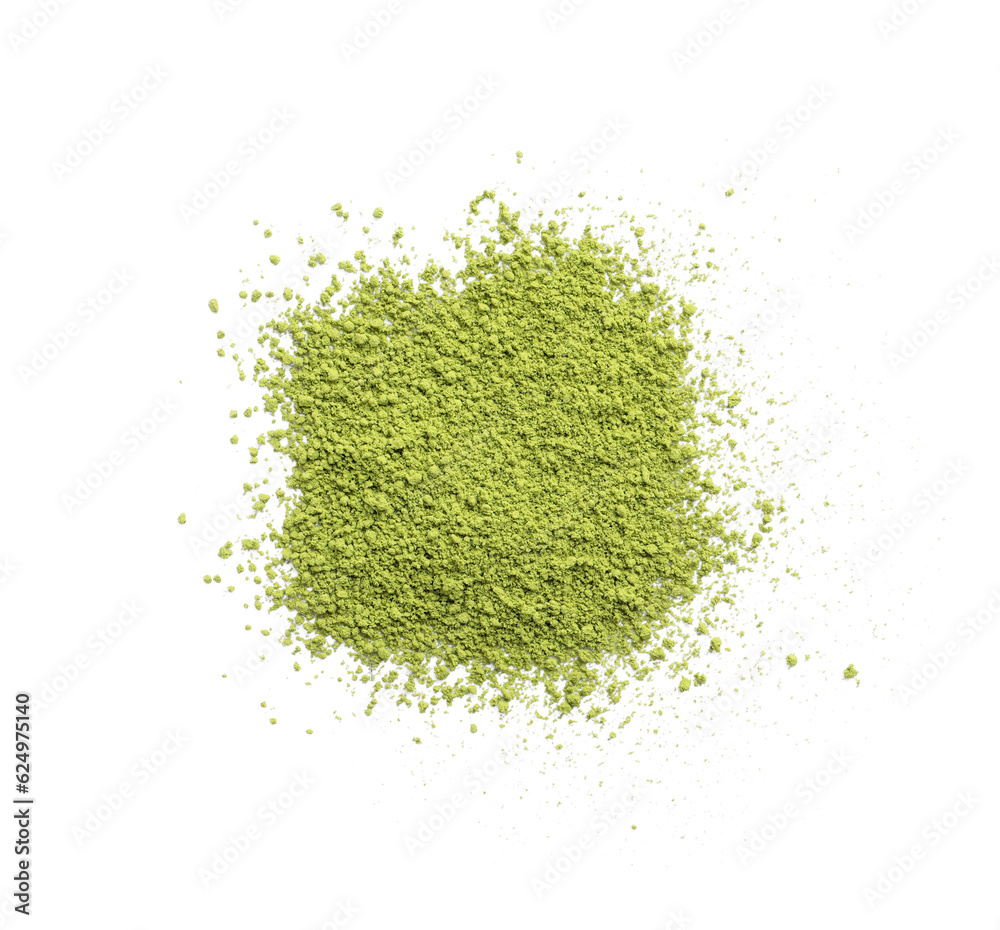 Pile of green matcha powder isolated on white, top view Pile of green matcha powder isolated on white, top view