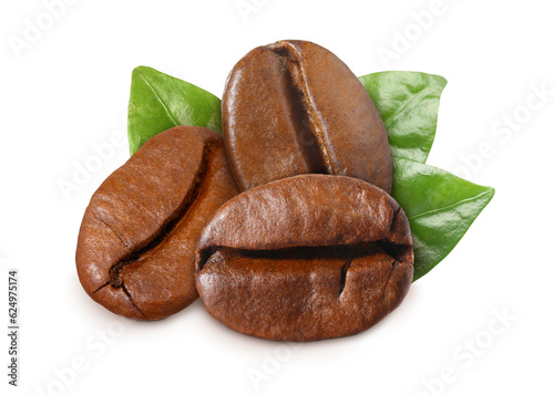 Fresh roasted coffee beans and leaves on white background