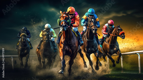 Fotografiet Race horses and jockeys competing on the track, Head on view of galloping race h
