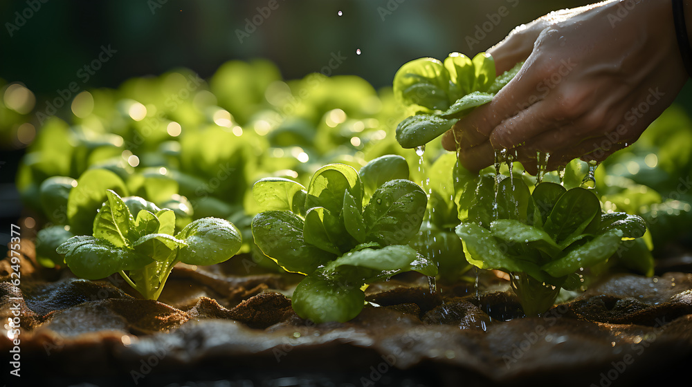 close up view hands of farmer picking lettuce Generative AI - obrazy, fototapety, plakaty 