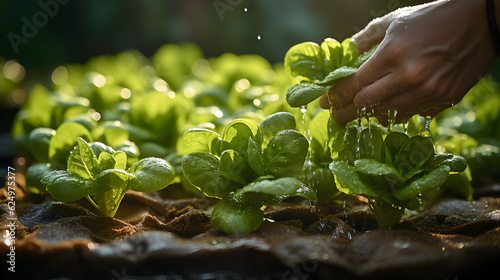 Fotografie, Obraz close up view hands of farmer picking lettuce Generative AI