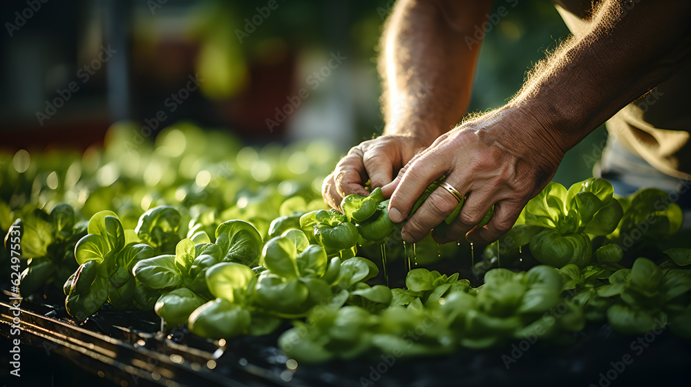 close up view hands of farmer picking lettuce Generative AI