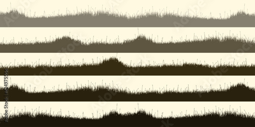 Meadow silhouettes with grass, plants on plain. Panoramic summer lawn landscape with herbs, various weeds. Herbal border, frame element. Brown horizontal banners. Vector illustration