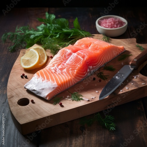 Beautiful Salmon Fillet on Wooden Cutting Board, Accompanied by a Knife and Assorted Spices