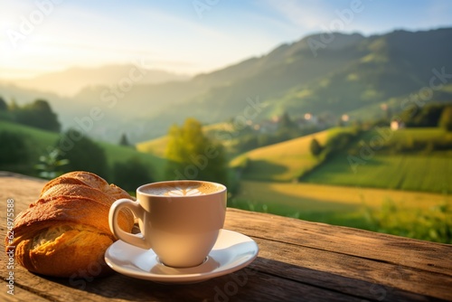 hot cup of coffee with bread outside mountain landscape background morning | Generative AI