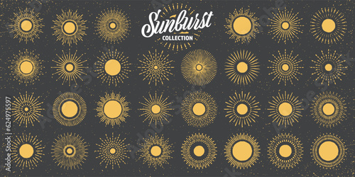 Vintage grunge sunburst, sunset beams. Hand drawn bursting sun, light rays. Logotype or lettering design element in retro style. Vector illustration