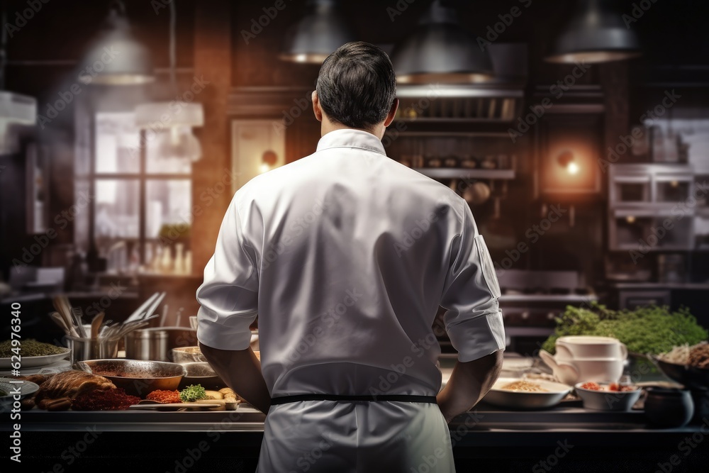 Chef cooking from the back, gastronomy concept. Generative AI Chef cooking from the back, gastronomy concept. Generative AI