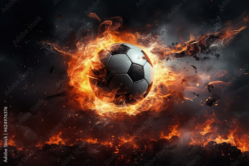 Fototapeta premium Soccer ball on fire, sports concept, black background. Generative AI