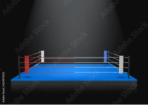 Empty boxing ring fighting red and blue corner arena with light on black background realistic vector